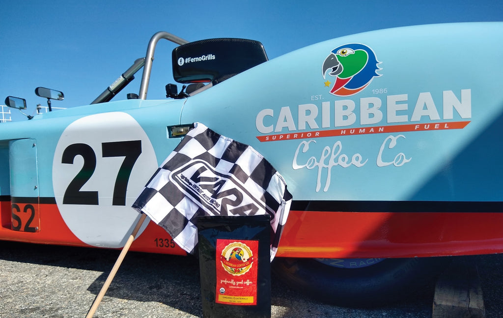 Our racer sponsor James Capelle races a blue Camaro with our name on it. With the Vintage Auto Racing Association and the Willow Springs International Raceway, the Caribbean Coffee Camaros have been seen in many California car races.