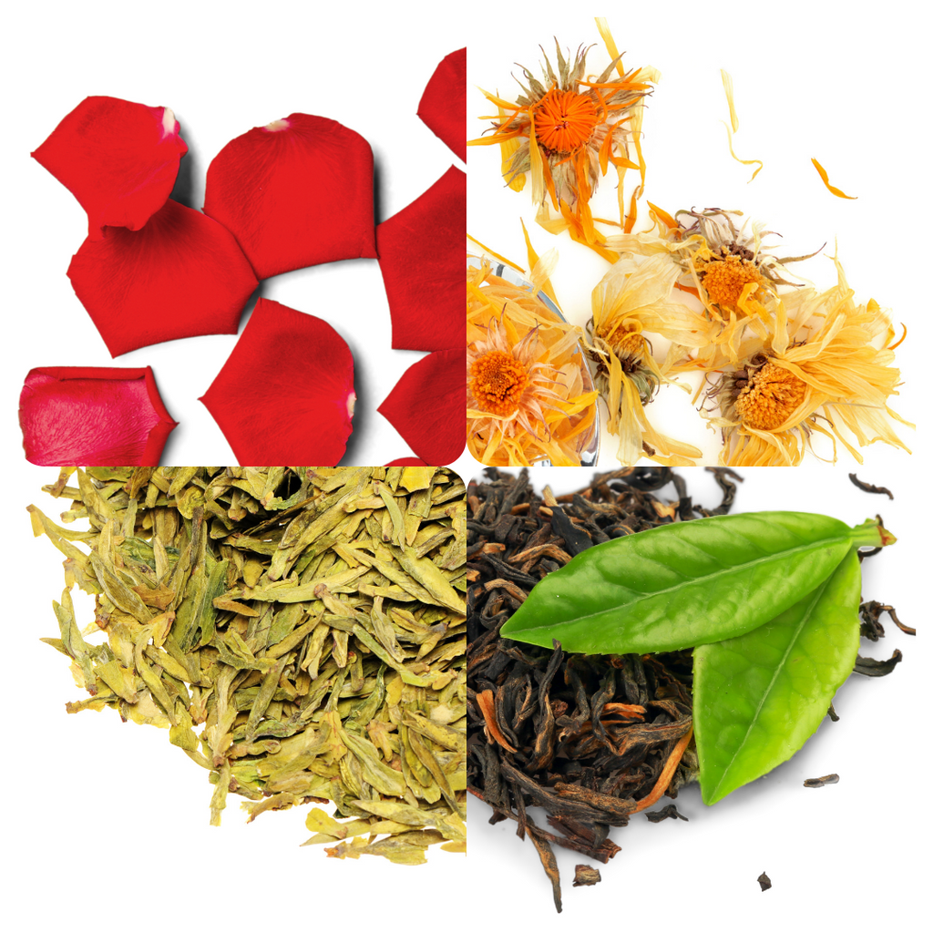 Rose petal tea, calendula marigold tea, orange pekoe, and black Keemun
